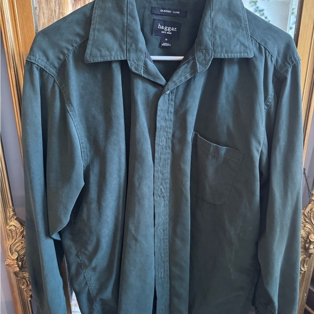 Haggar Sueded Luxe Long Sleeve Button Down Shirt Men's‎ Size Medium Green